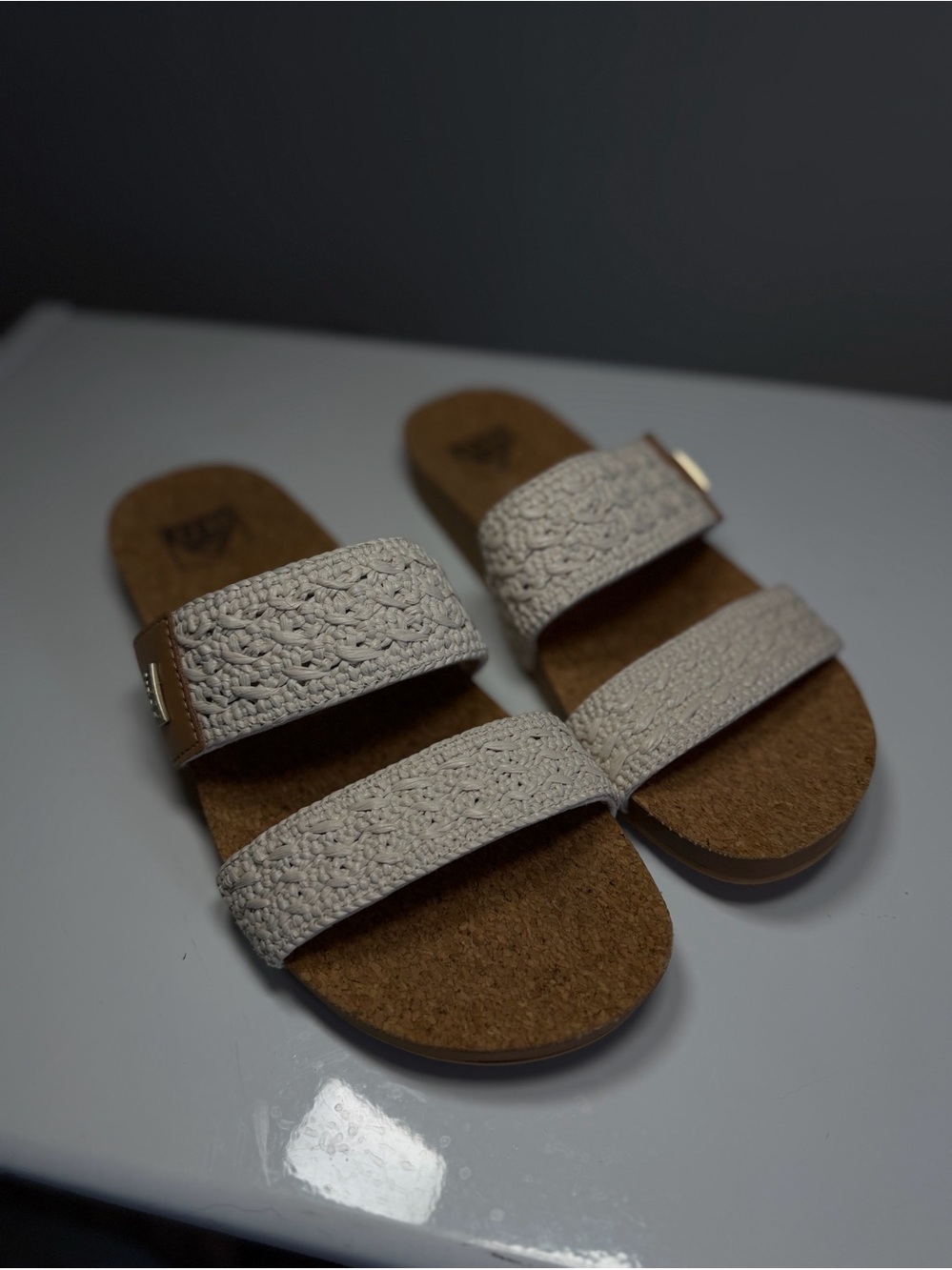 REEF Cushion Vista Crochet Woven Double Strap Slide Sandals Neutral 9